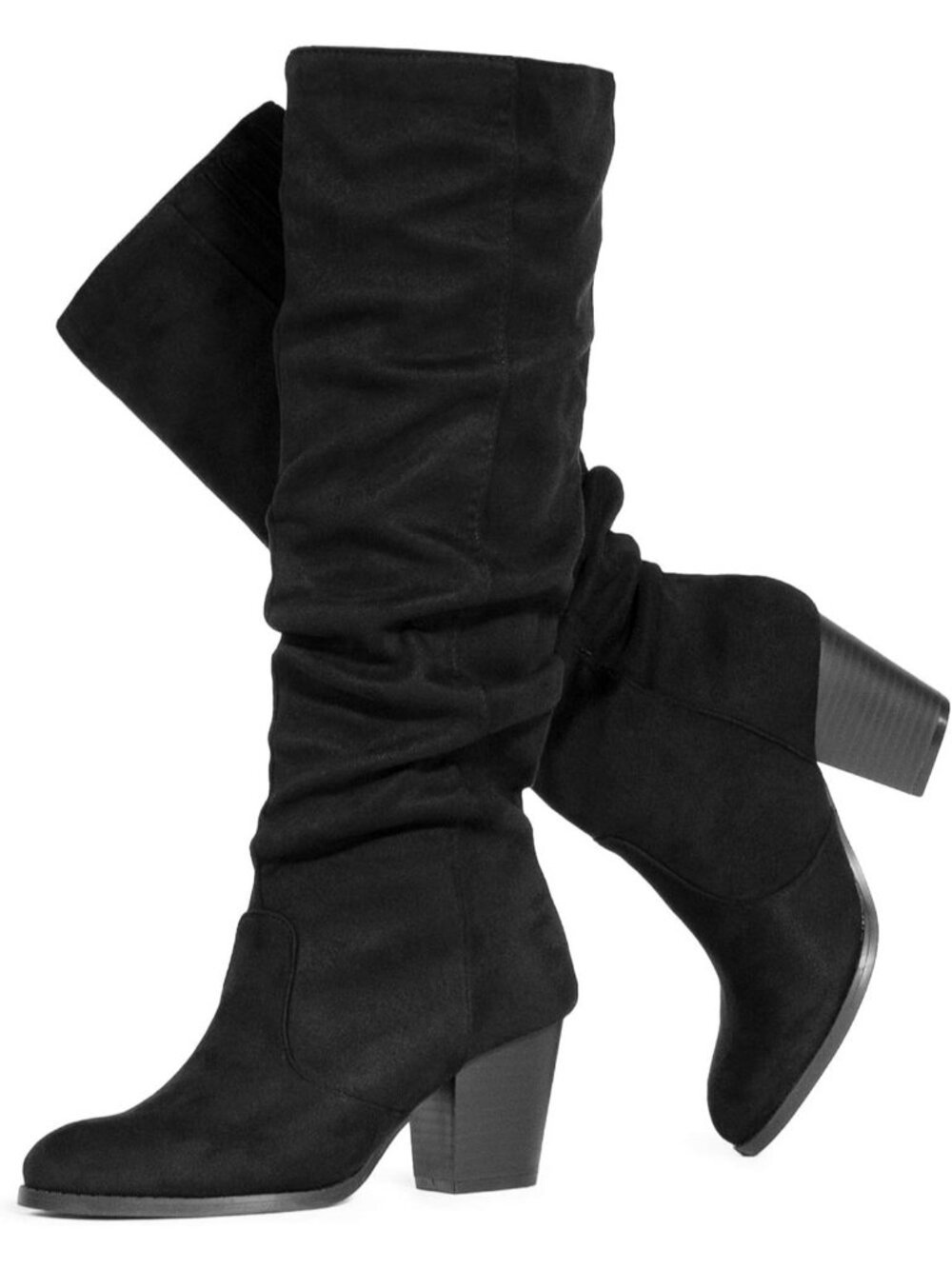 Women's Black Suede Stacked Heel Slouchy Knee High Boots Pull On Round Toe Boots